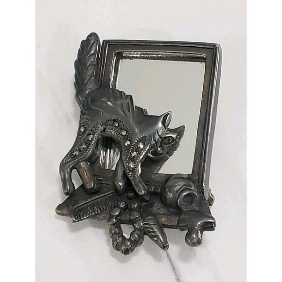 RARE CAT LOOKING AT THE MIRROR 925 STERLING SILVER BROOCH HALLOWEEN VINTAGE - Picture 6 of 6
